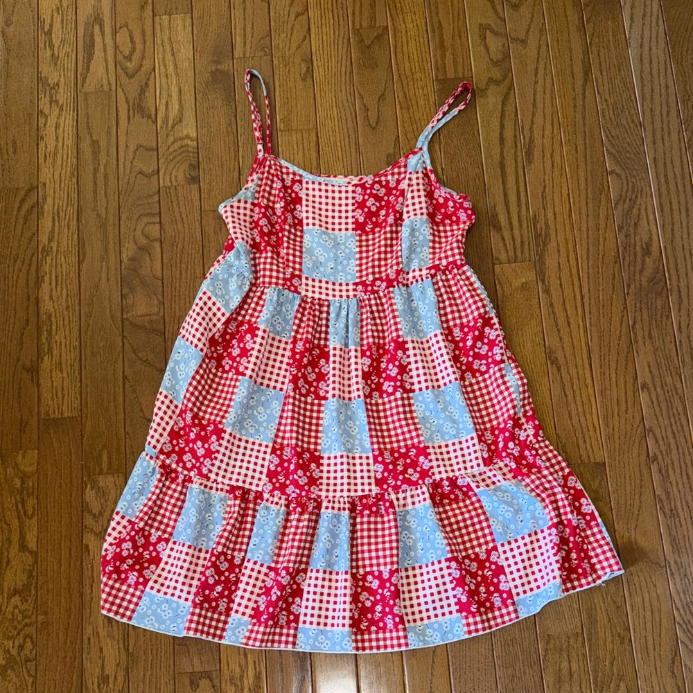 Sleeveless Patchwork Midi Dress in Red & Light Blue